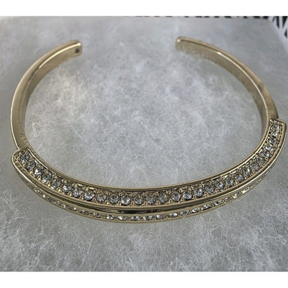 Crystal Pave Open Cuff Bangle Bracelet 7 Inches Rhinestone Gold Tone